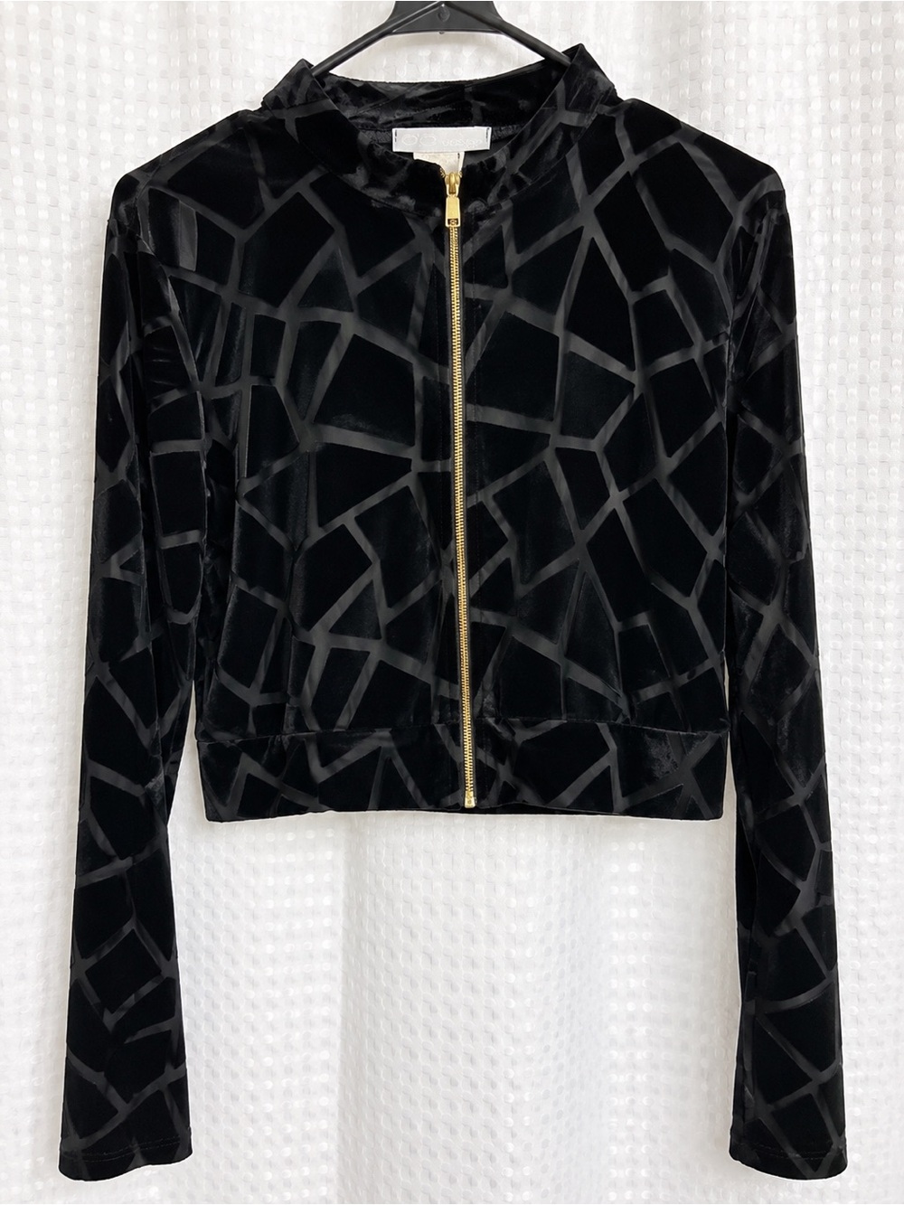 Women's Black Geometric Velvet Zip Jacket with Gold Zipper